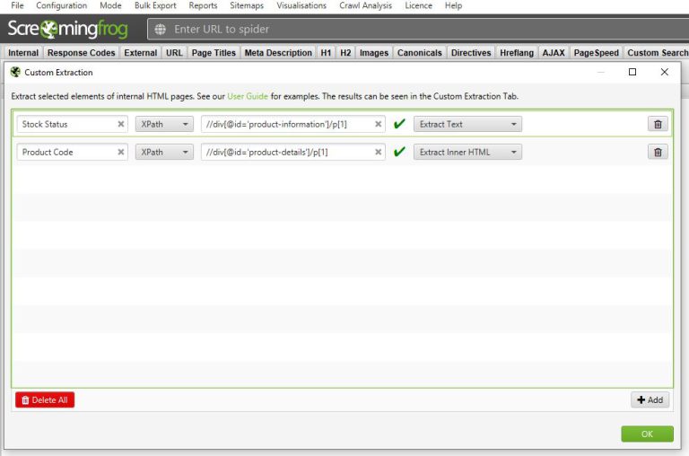 Custom extraction using screaming frog for SEO
